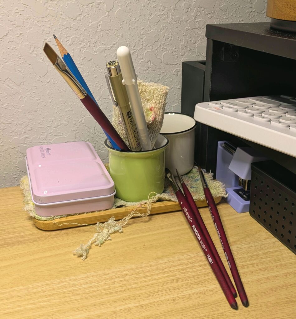 all my supplies on a corner of my desk